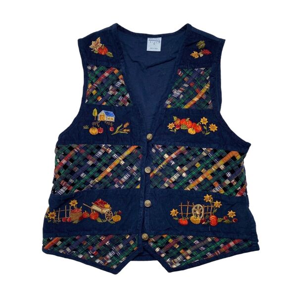 CASCADE BLUES Corduroy Woven Lattice Harvest Autumn Vest Medium Women Embroidery - Picture 4 of 8